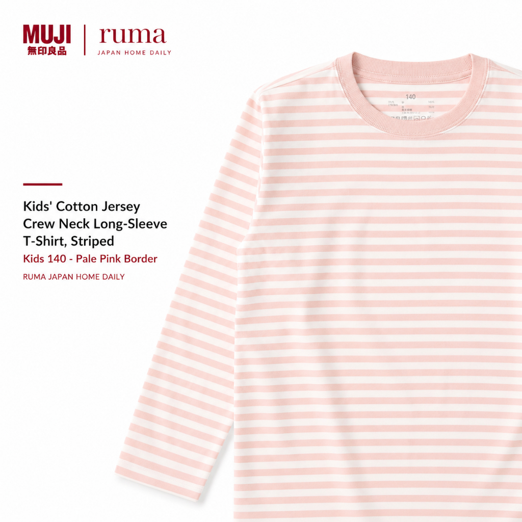 MUJI Kaos Anak Lengan Panjang Stripe Pink Cotton Kids Tshirt Jepang Original Size 140