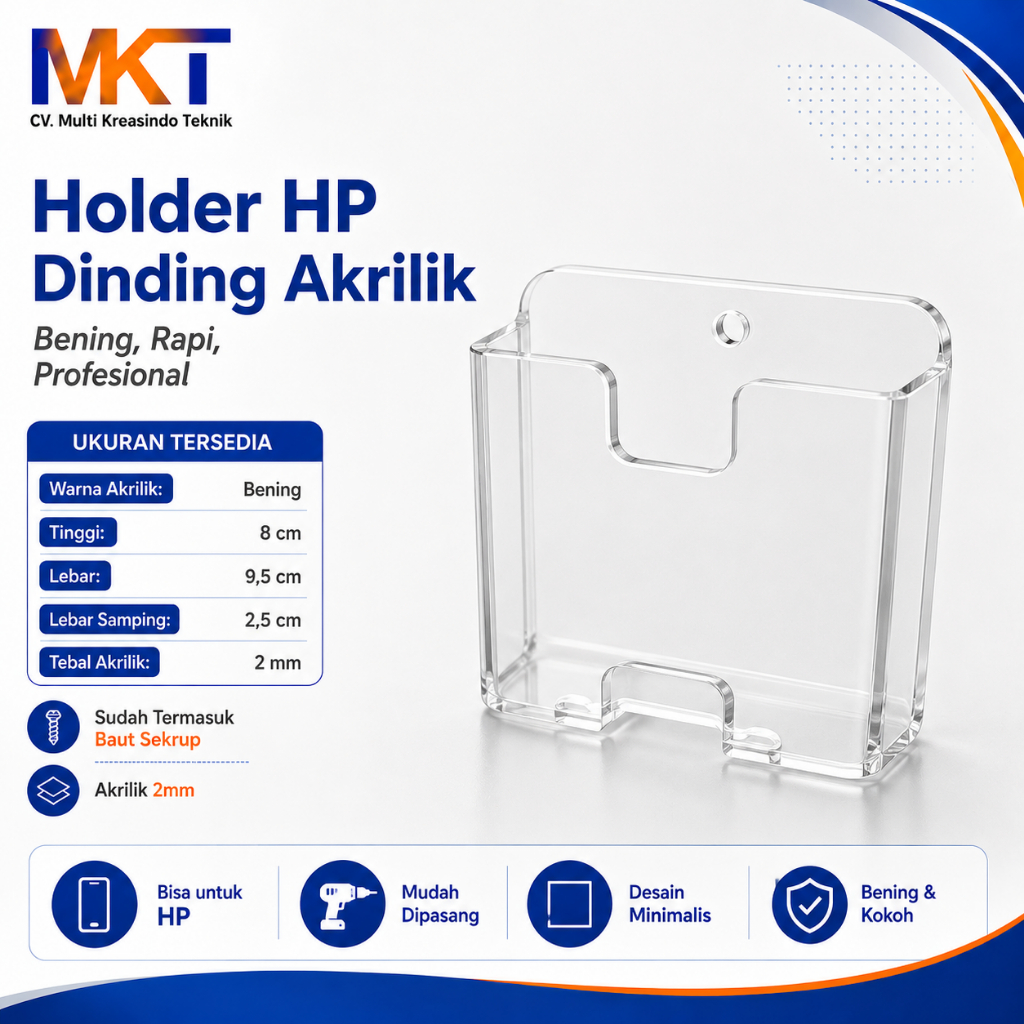 Holder HP Dinding Akrilik Bening Tempat Remote / HP Charger Dinding Transparan 8x9.5 cm