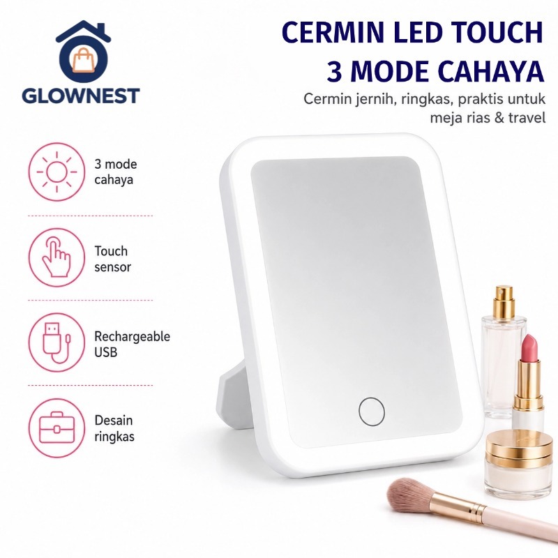 Cermin LED / Cermin Lampu LED / Cermin Make up Meja Dengan Lampu LED Tombol Touch Screen Charge USB