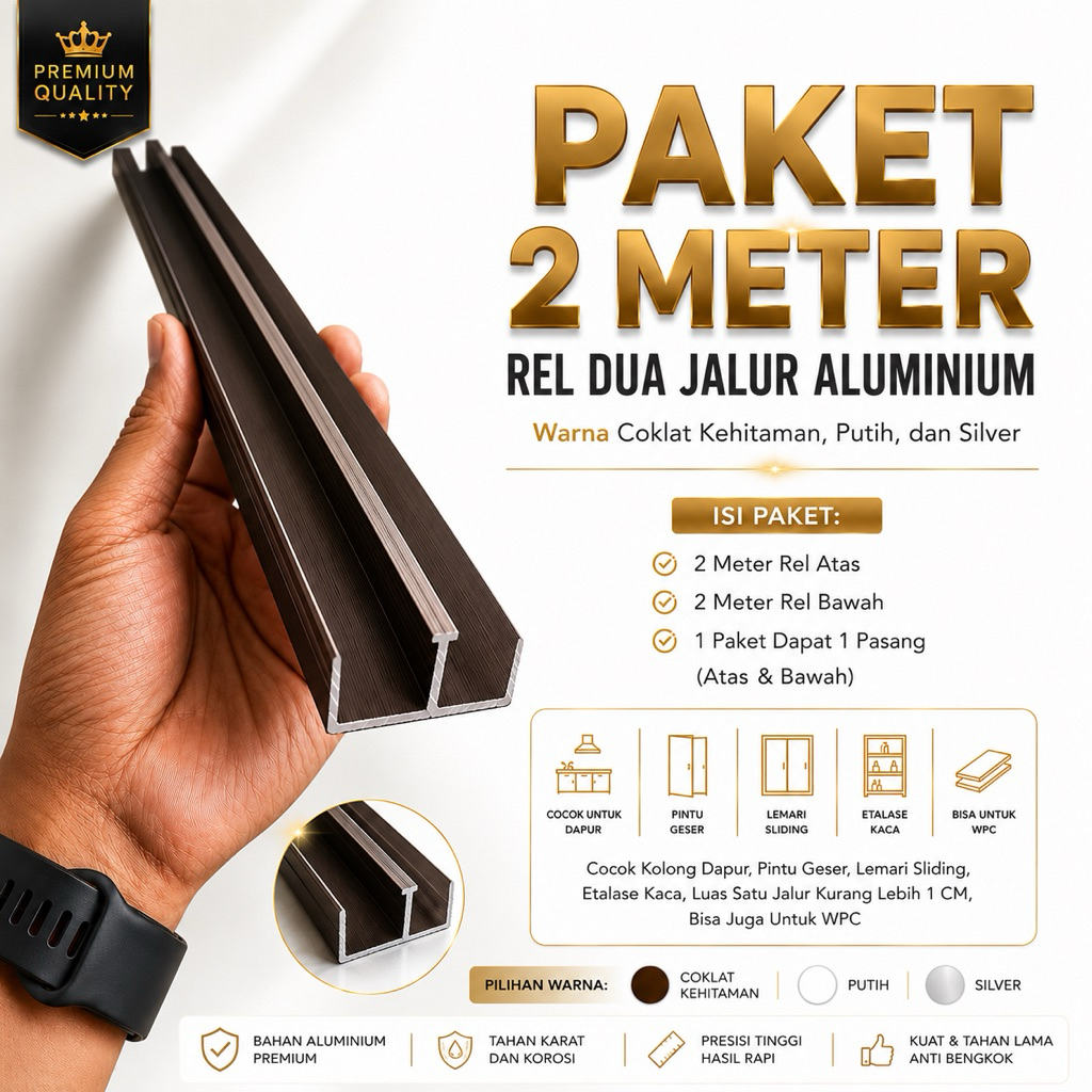 Rel Aluminium 2 Jalur (Paket 2 Meter Atas Bawah untuk Kolong Dapur, Pintu Geser, Lemari Sliding)