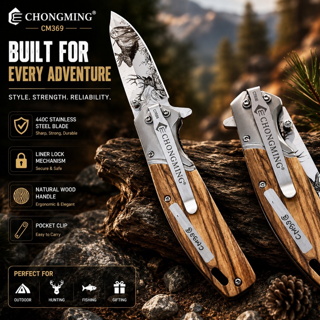 Pisau Lipat CHONGMING CM98 Motif Rusa Folding Knife Tactical Outdoor Camping Hunting EDC
