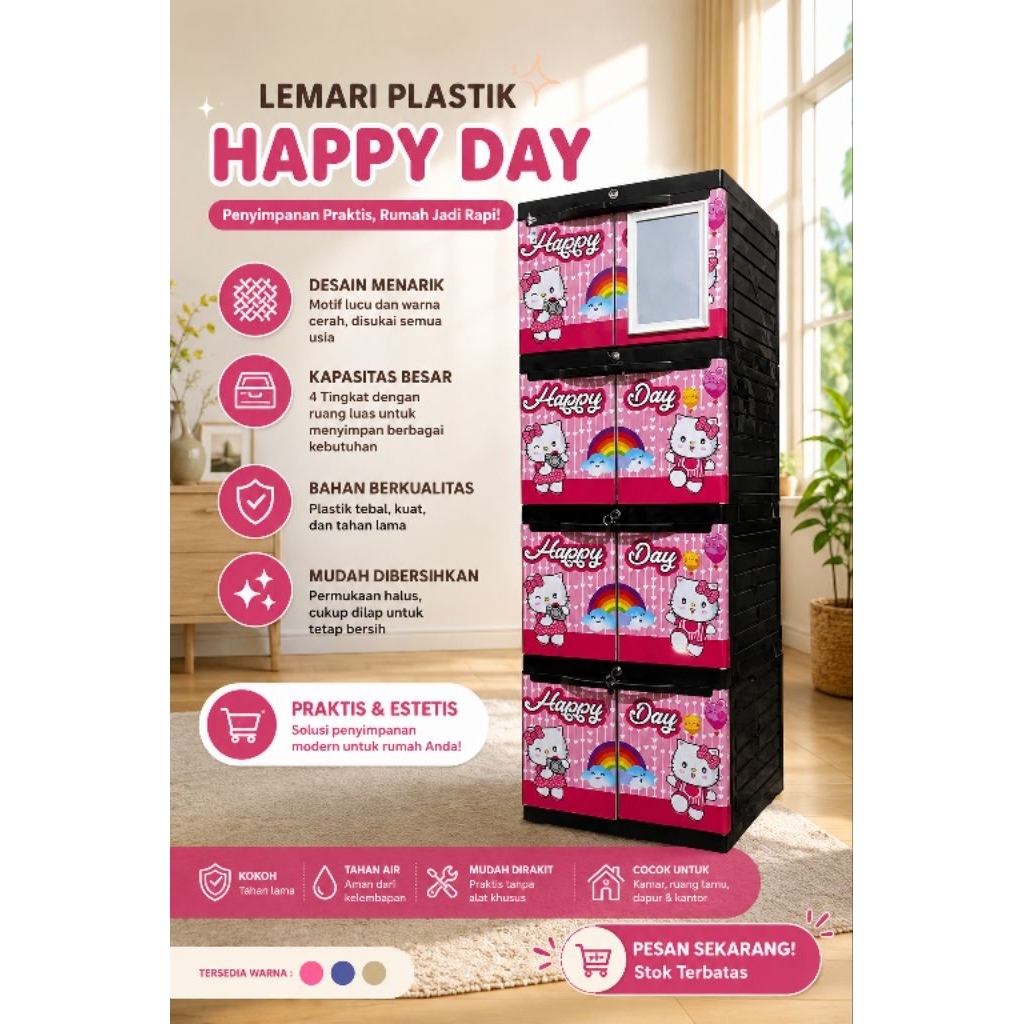 Lemari Plastik Diva Mini Sticker Kaca Susun  Karakter Doraemon & Hello Kitty