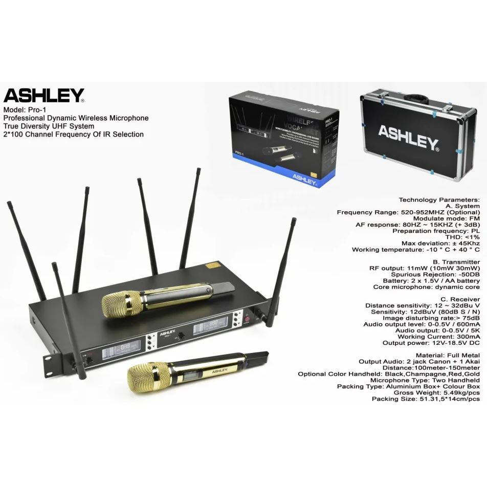 Mic Wireless Ashley Pro 1 Handle Warna Gold Plus Hardcase