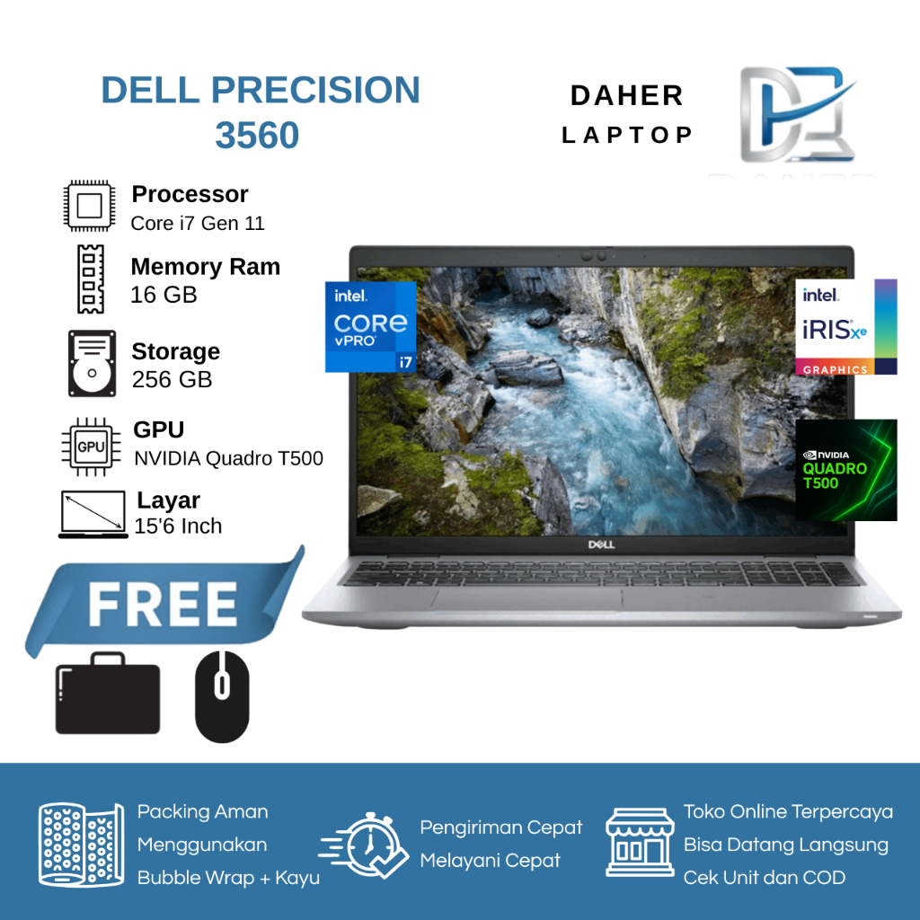 Laptop Dell 3560 Core i7 Gen 11 Ram 16 GB SSD 256GB Dual VGA Nvidia Quadro | Second Original Berkual