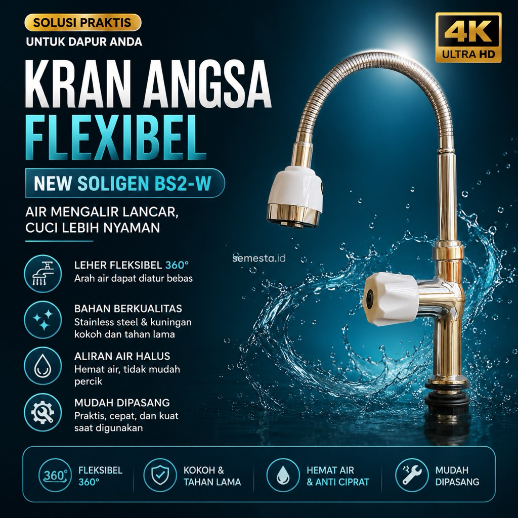Kran Angsa Tanam BS2-W CHROME FLEXIBEL New Soligen | Keran Air Cuci Piring | Sink Dapur Flexibel Put