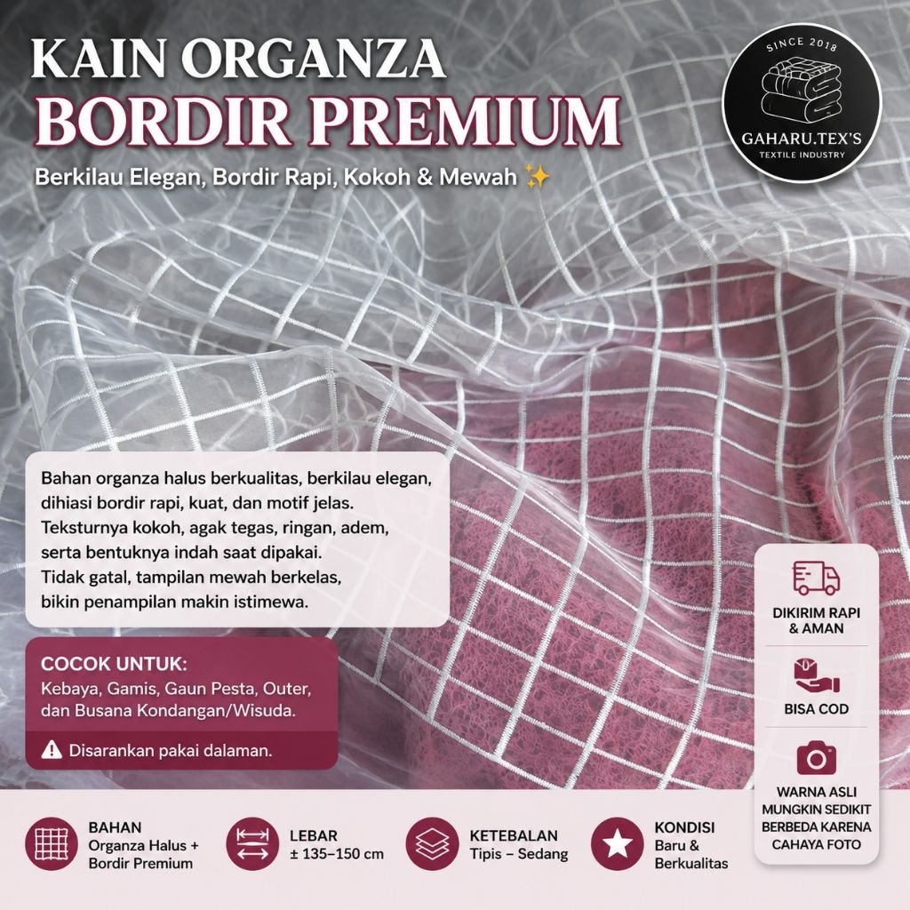bahan organza bordir premium - bahan organza bordir timbul - bahan organza meteran