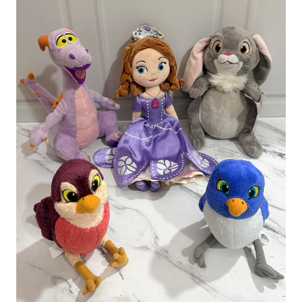 Boneka Plushie Princess Sofia Disney Store & Animal Friends: Robin & Mia Birds, Clover Rabbit & Figm