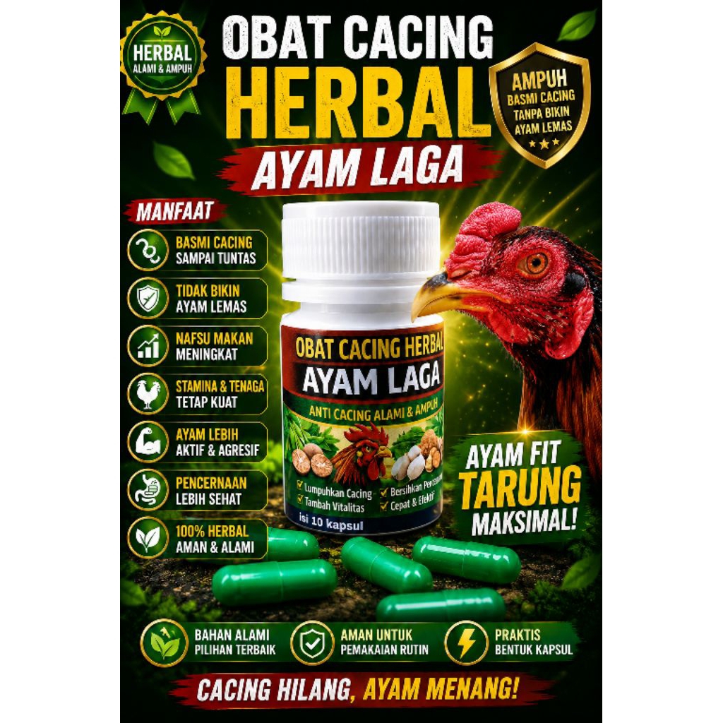 Obat Cacing Ayam Laga Herbal Kapsul Ampuh Anti Cacing Ayam Bangkok Nafsu Makan Stamina Kuat