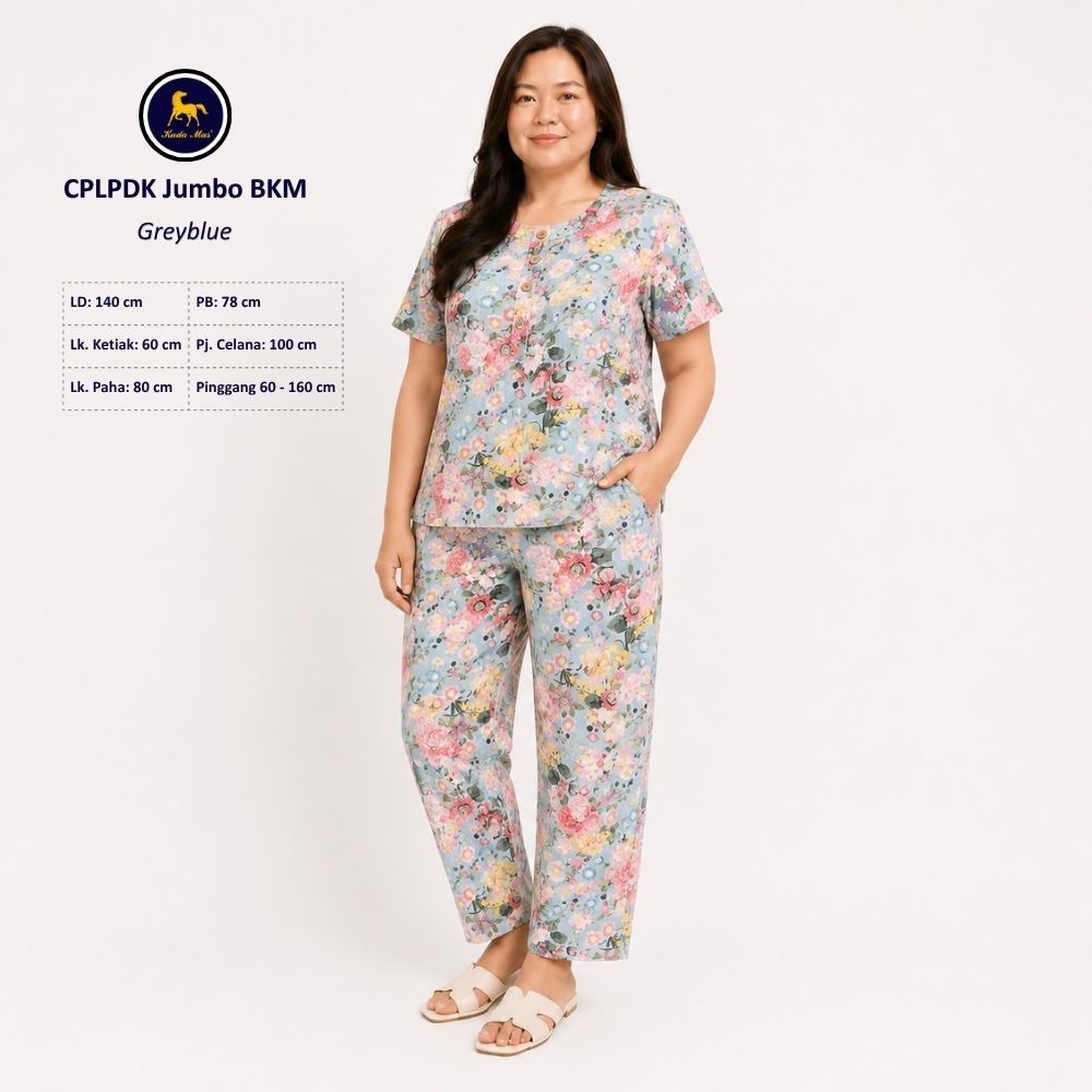 Batik Kuda Mas Setelan CPLPDK Jumbo LD-140 Piyama Wanita Panjang Lengan Pendek 3 Kancing Depan Busui