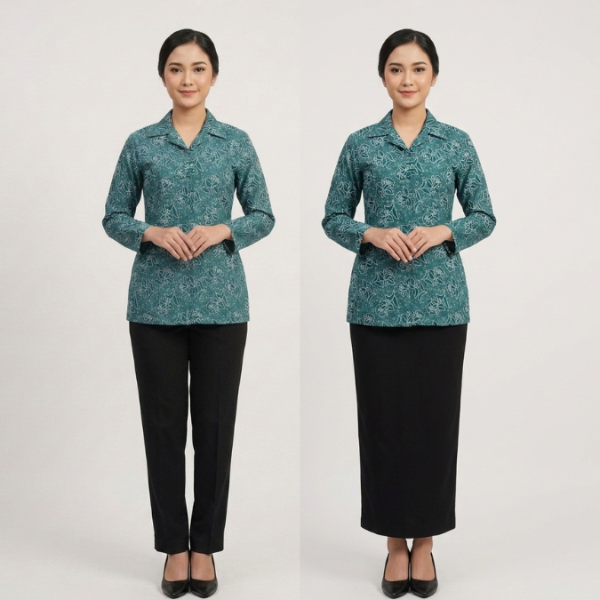 Seragam Setelan Batik PKK Nasional Wanita Kerah Jas Reguler Lengan Panjang Katun Polyester Premium S