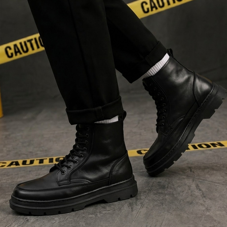 Sepatu Formal Boots High Black Kulit Sole Tinggi Pria