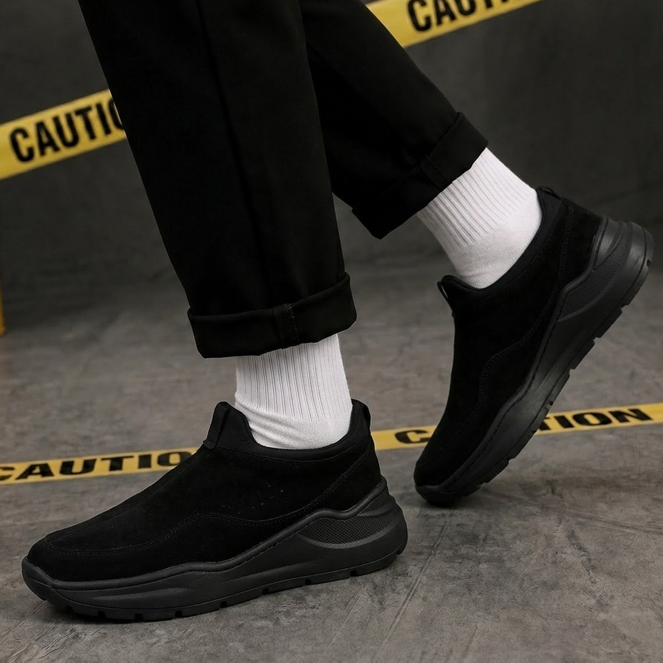 Sepatu Sneakers Pria Black Chunky Bahan Suede