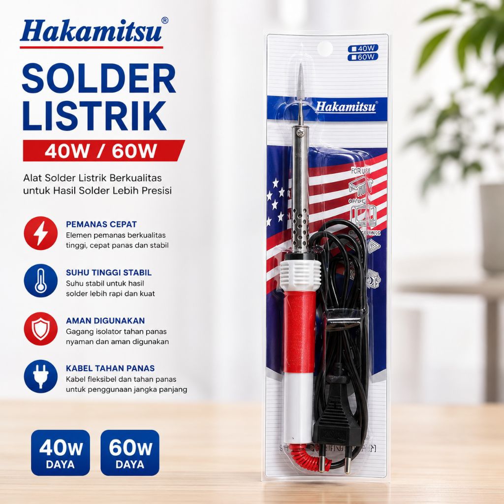 Solder Listrik 40W Mata Lancip Alumunium Coating Hakamitsu Handle/Gagang Karet Motif USA Amerika Put