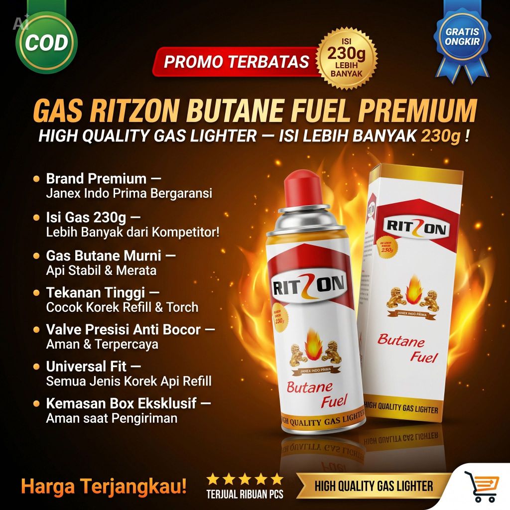 Gas Ritzon Butane Fuel 230gr Refill Isi Ulang Korek Api Lighter Zippo Dupont Tokai Robinson Original