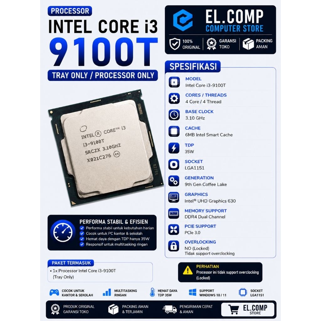 PROCESSOR INTEL CORE I3 9100T TRAY LGA 1151 GEN 9
