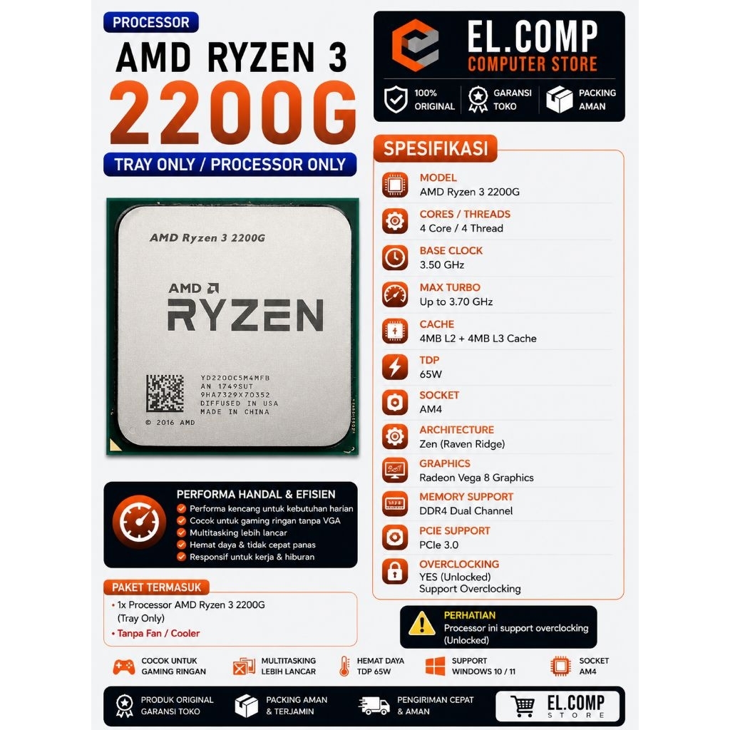 PROCESSOR AMD RYZEN 3 2200G TRAY AM4