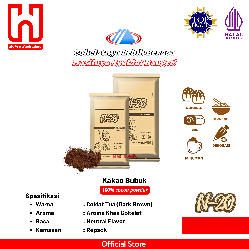 Kakao Bubuk N-20 Cocoa Powder Dark Brown Premium untuk Baking, Minuman & Dessert Kemasan Repack
