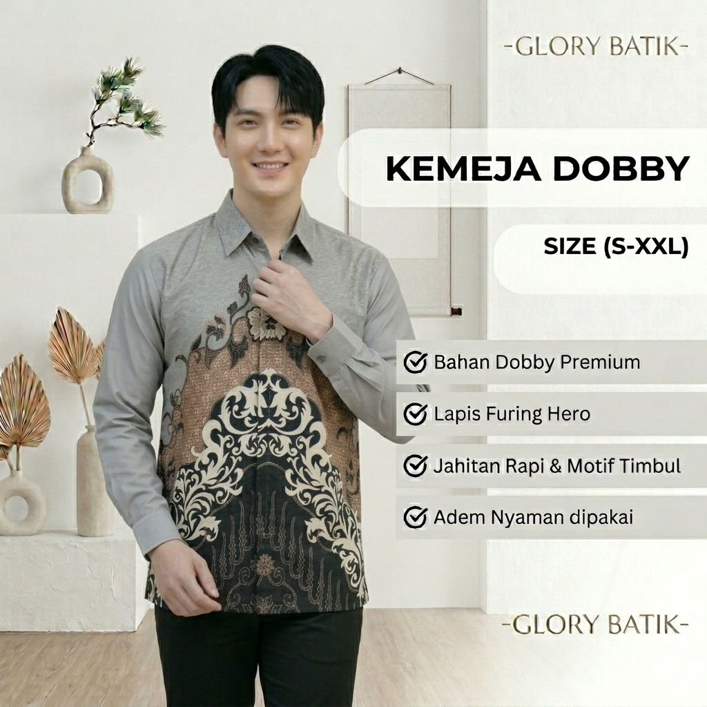 Batik Dobby Pria Furing Premium | Atasan Batik Dobby Lengan Panjang | Baju Batik bahan Dobby lapis F