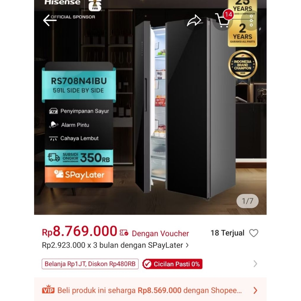 Preloved Hisense Kulkas RS708N4IBU Refrigerator Side By Side Kapasitas 591L Warna Hitam Inverter Tan