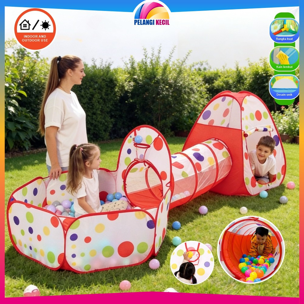 Mainan Mandi Bola Anak Terowongan dengan Ring Basket / Keranjang Mandi Bola Anak 4in1 Outdoor dan In