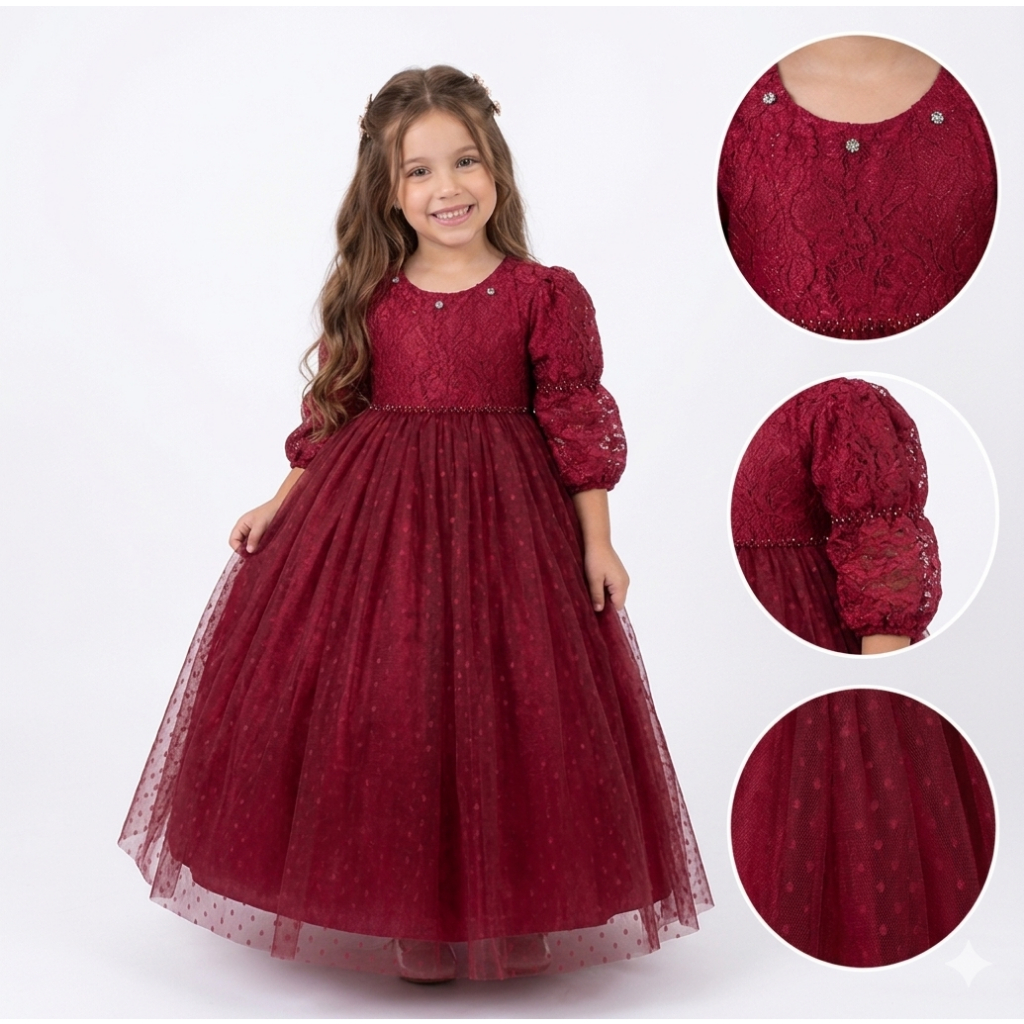 Jf- Gaun Pesta Anak Perempuan Long Dress Muslim Usia 4-8 tahun Mewah Brukat Tile Onde / DA029Doll