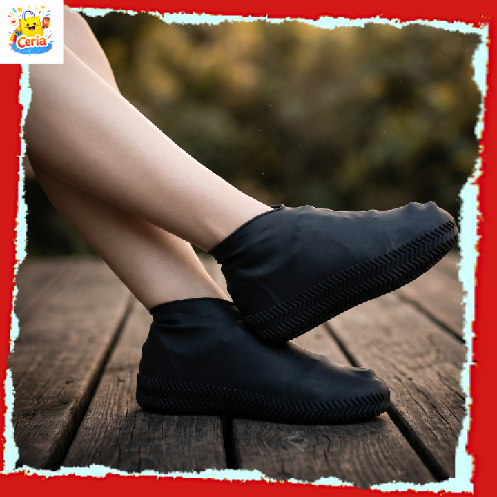 Cover Sepatu Silikon Hitam Anti Air Hujan Anti Slip Karet Elastis Pria Wanita