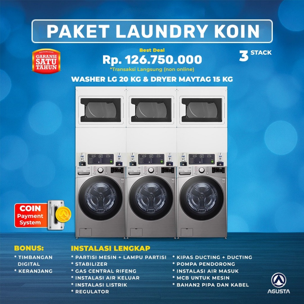 MESIN LAUNDRY KOIN 3 STACK LG20 + MAYTAG