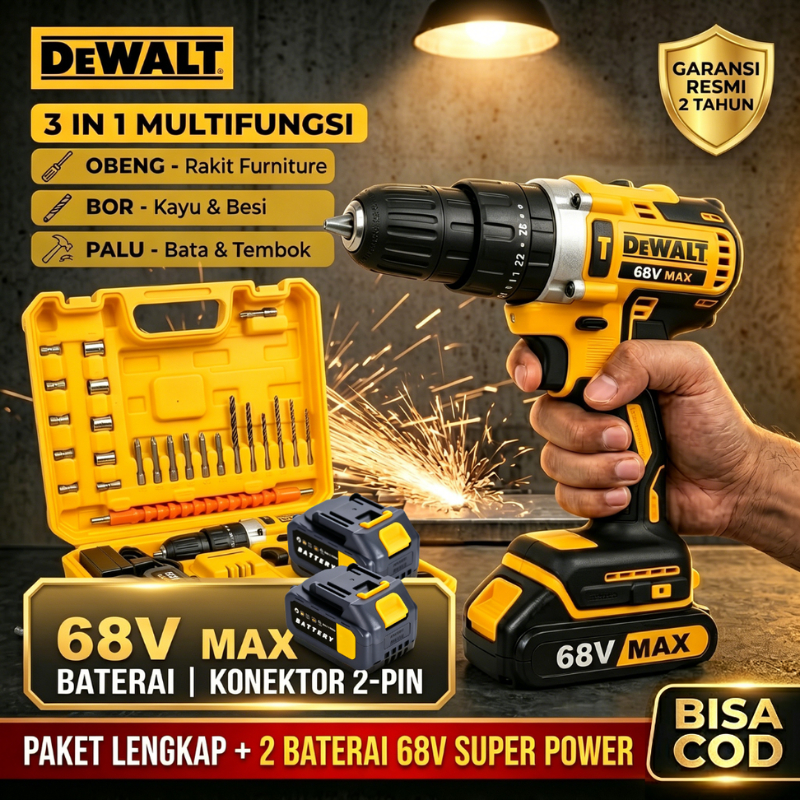 Bor listrik Dewalt 68V baterai ganda alat obeng bor tumbukan listrik kapasitas besar