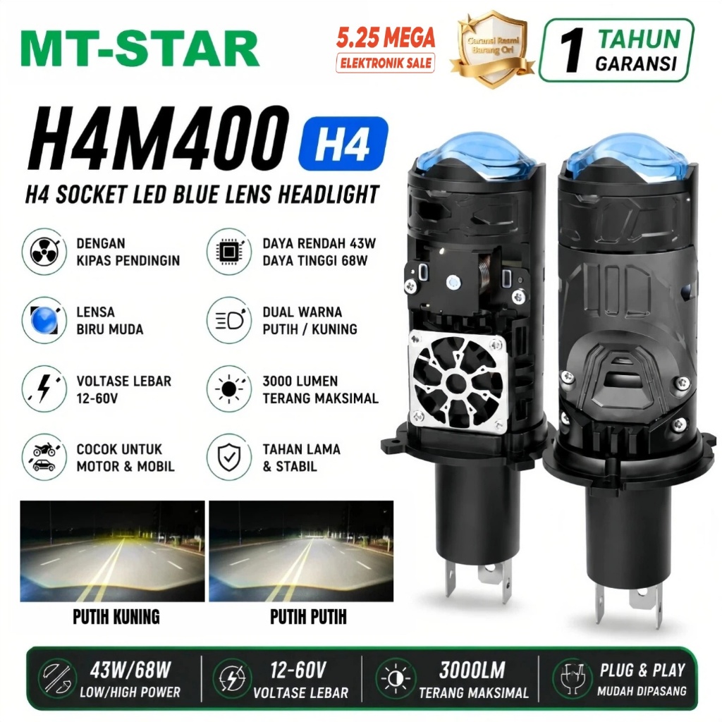 MT-STAR H4 M400 -  Lampu utama Socket H4 LED Blue Lens
