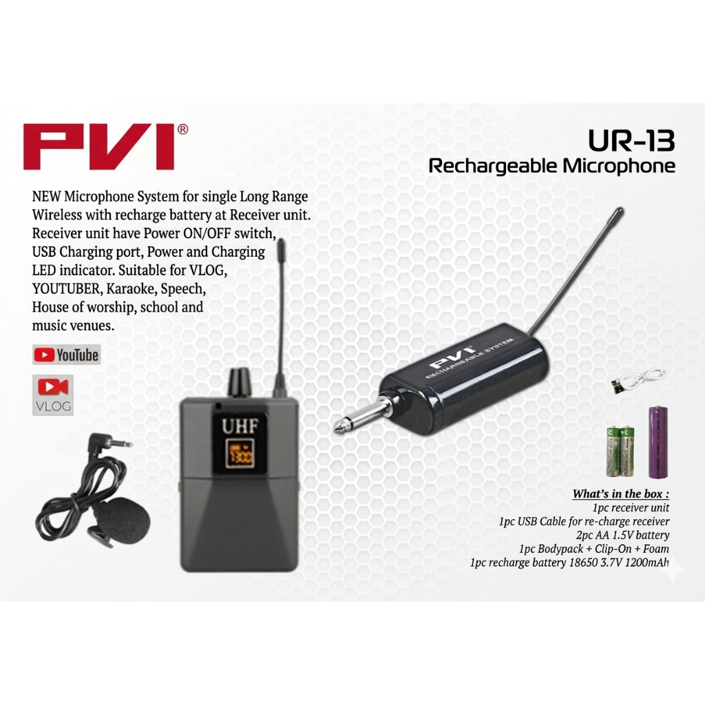 PVI UR-13 Rechargeable Single Clip On Microphone / mic jepit