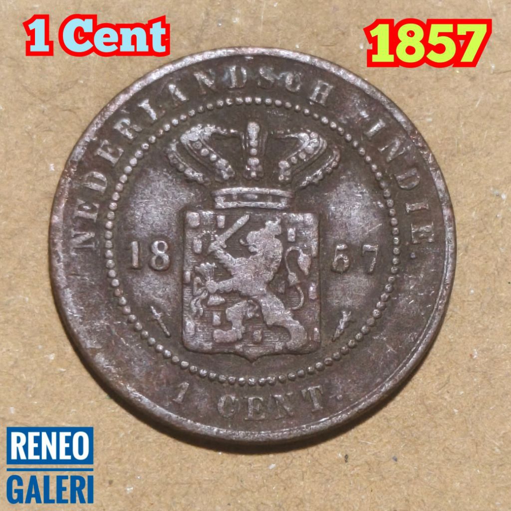 1 Cent tahun 1857 asli Koin jaman Hindia Belanda uang logam kuno sen buntu lawas lama Netherlandsch 