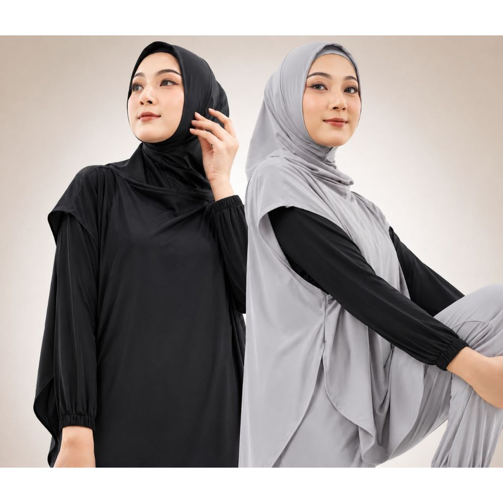 Setel Olahraga Muslimah Outer Hijab dan Celana Panjang Bahan Jersey untuk Outdoor