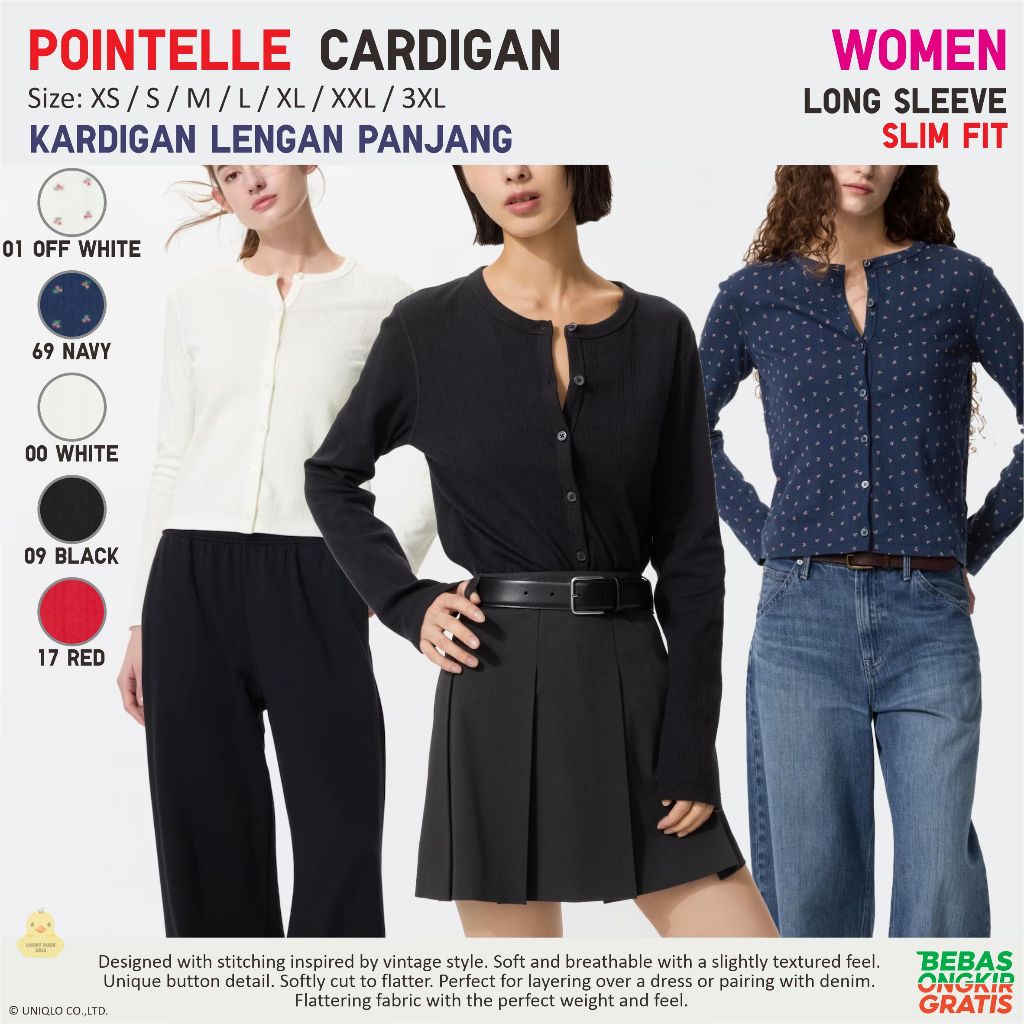 UNIQLO Women Pointelle Cardigan Lengan Panjang Kardigan Rajut Motif Polos Katun Spandeks Slim Fit