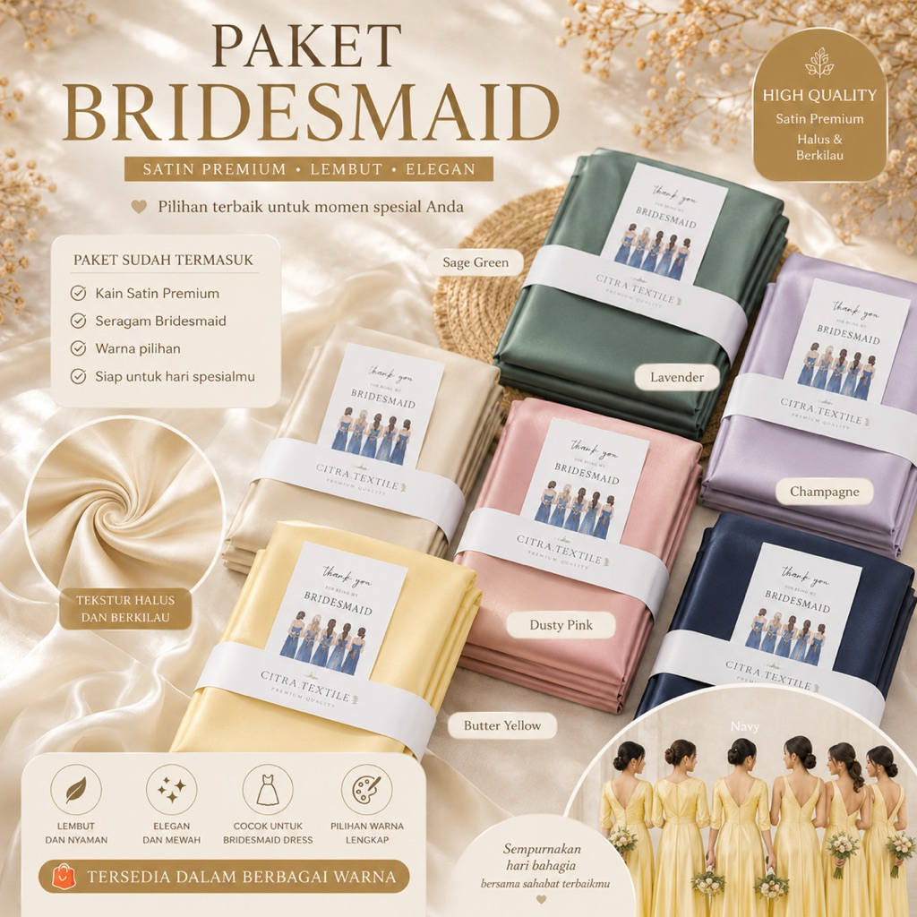 Paket Seragaman Bridesmaid | Kain Satin Velvet Premium | Bahan Gamis Polos | Kain Dress Seragaman | 