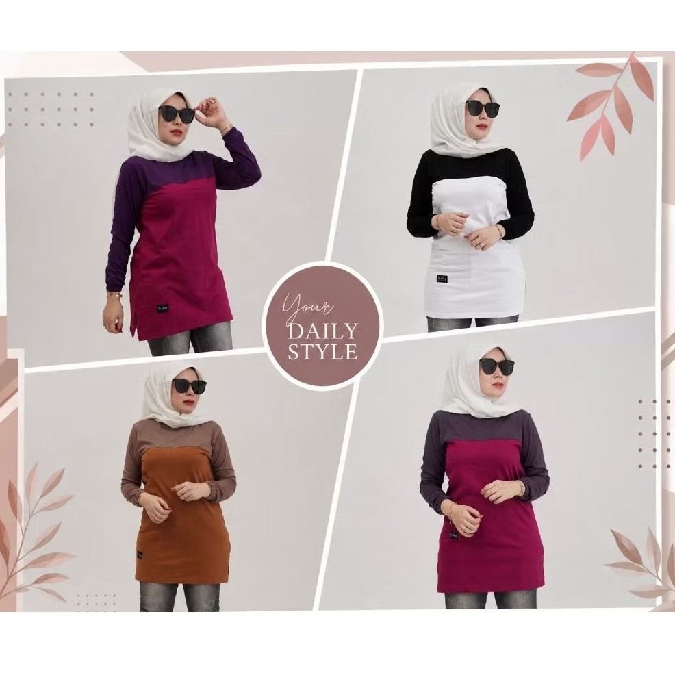 Six Diary Tunik Kaos Polos Lengan Kerut Kombinasi Model Terbaru Atasan Wanita Cantik