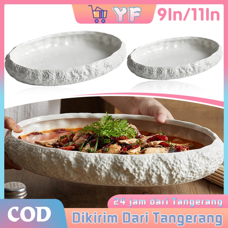 9/11 IN Oval Plate Keramik Putih Ujung Rok Tekstur Batuan / Piring Saji Keramik Putih Scandinavian M