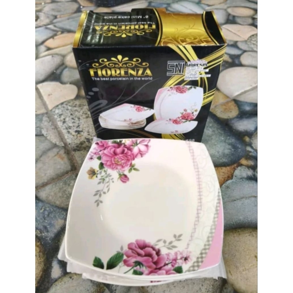 Fiorenza piring keramik segi motif bunga