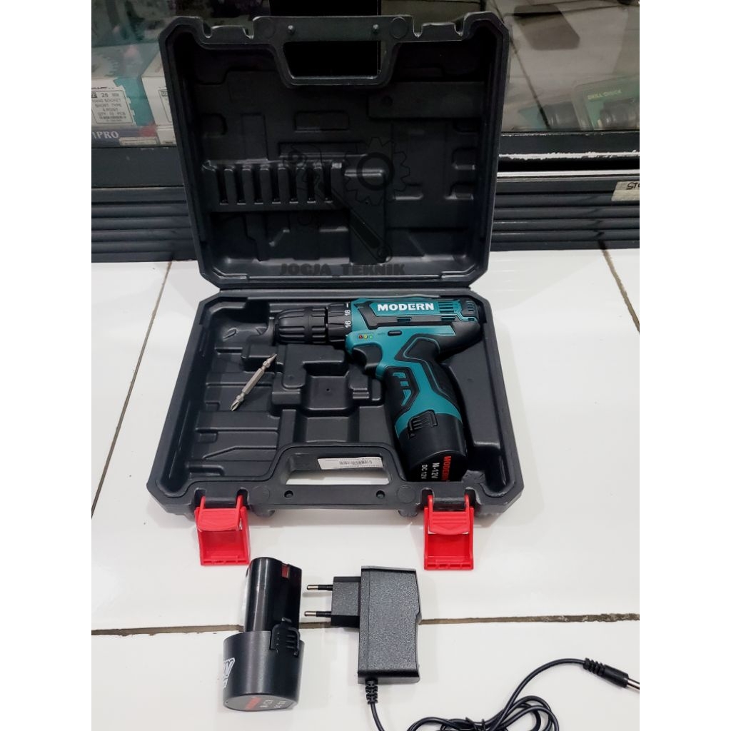 Bor Baterai Cordless Modern 10MM M12V 2 Baterai / Mesin Bor Cas Modern M12V 10MM Original