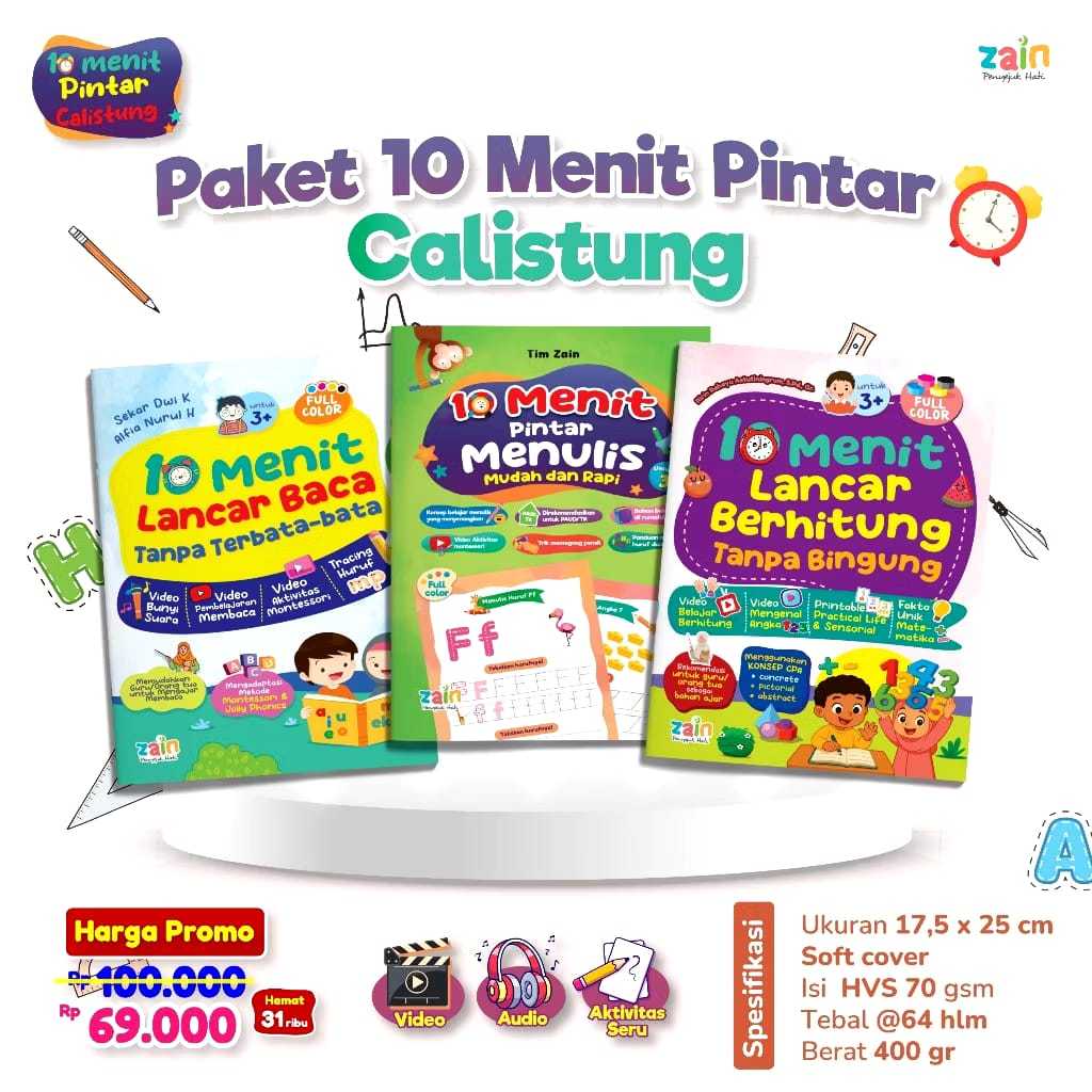 ZAIN - (ISI 3 BUKU) Paket 10 Menit CALISTUNG Belajar Baca Tulis Hitung Tanpa Bingung