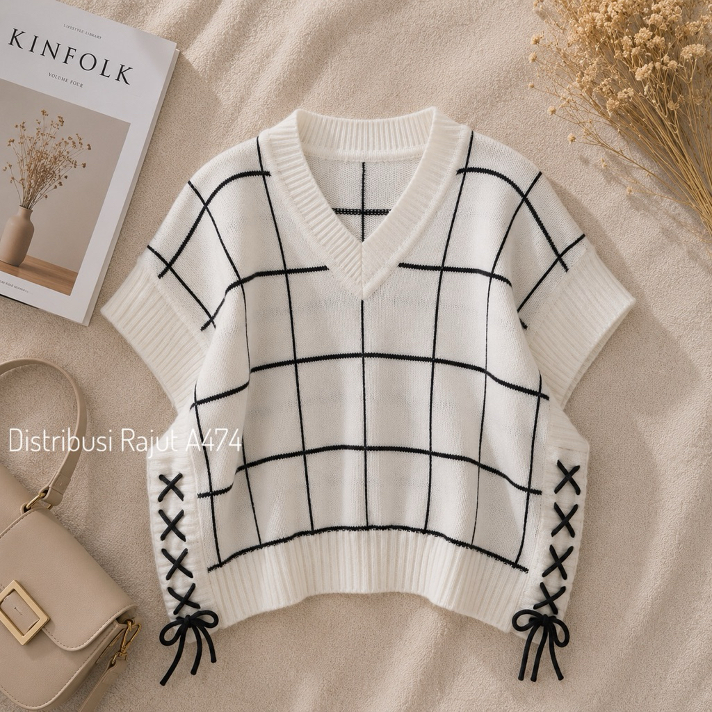 ZULAIKA VEST ROMPI RAJUT MOTIF KOTAK KOTAK TALI SAMPING WANITA