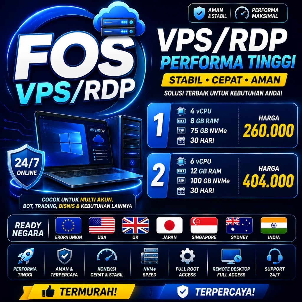 FOS VPS/RDP | Sewa RDP Murah Performa Tinggi | VPS Windows Full Access Anti Lemot