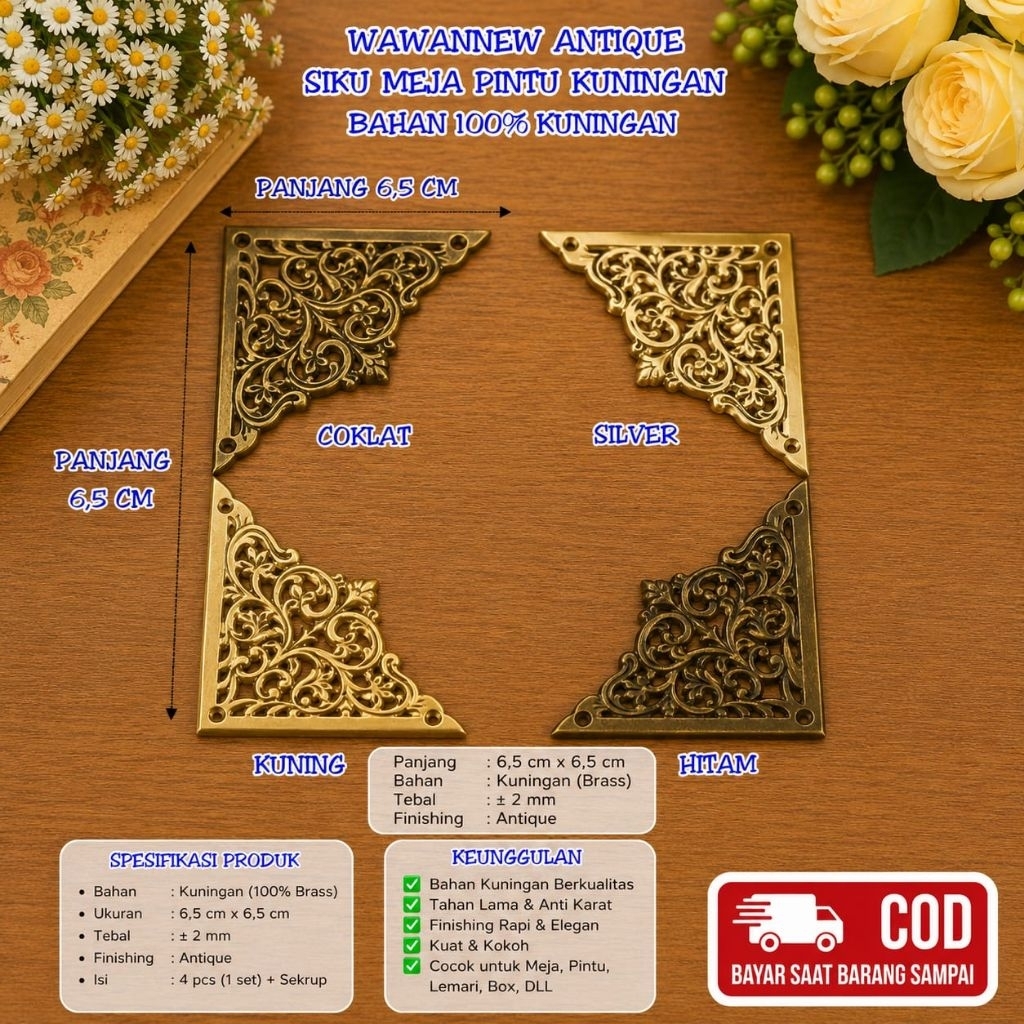 Siku / Ornamen Meja Lemari Pintu Rumah Kuningan Antik 6,5 cm