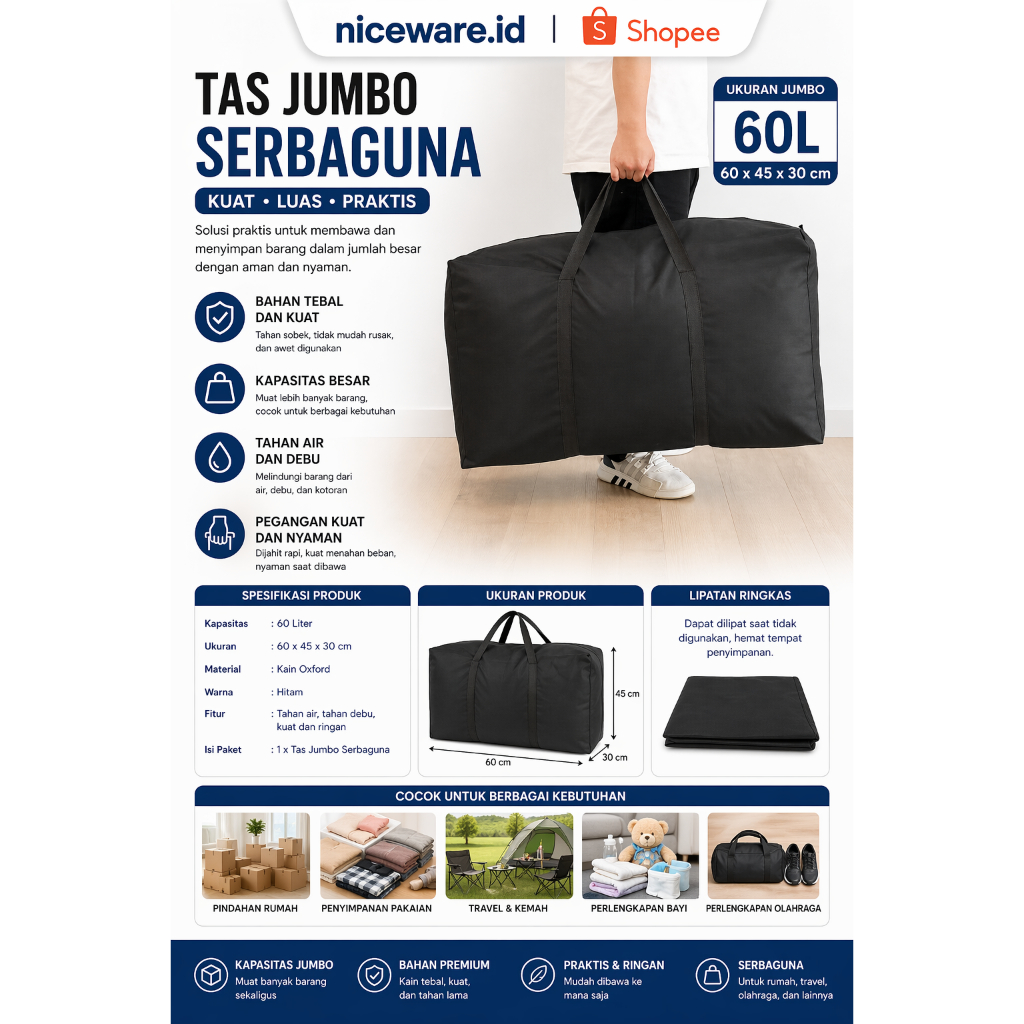 Tas Travel Jumbo Cordura - Kapasitas Besar, Anti Air, Mudah Dilipat