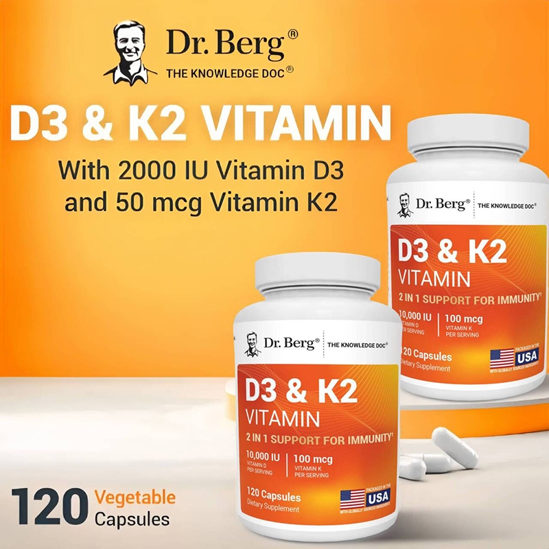 Dr. Berg Vitamin K2 D3 Supplement 120 Capsules Maximum Strength 2 in 1 Vitamin D3 K2 10000 IU