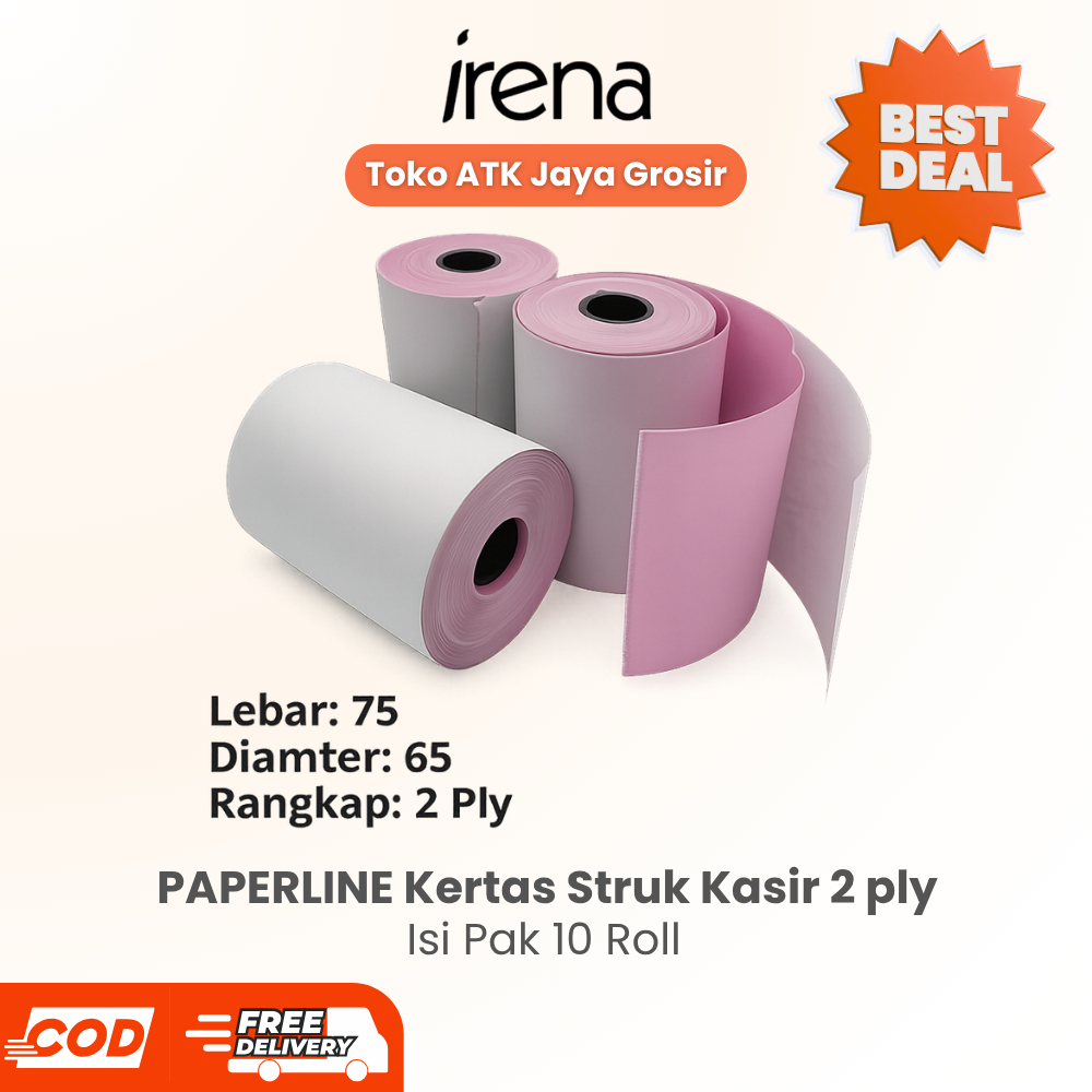 PAPERLINE Kertas Struk Kasir 75x65 2 ply Pak 10 Roll / Kertas Print Kasir Roll