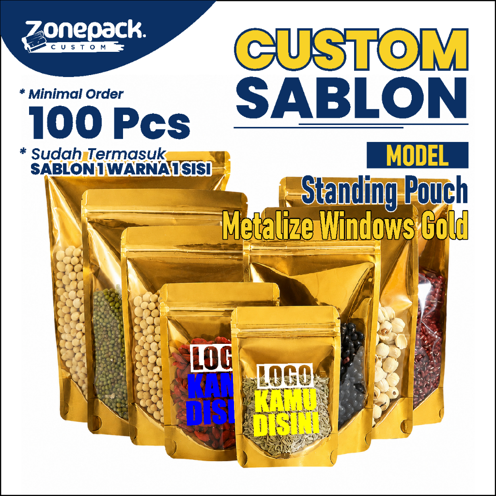 Sablon Standing Pouch Metalize Windows Emas Gold | Packing Metalized Foil Emas Snack Kemasan Makanan