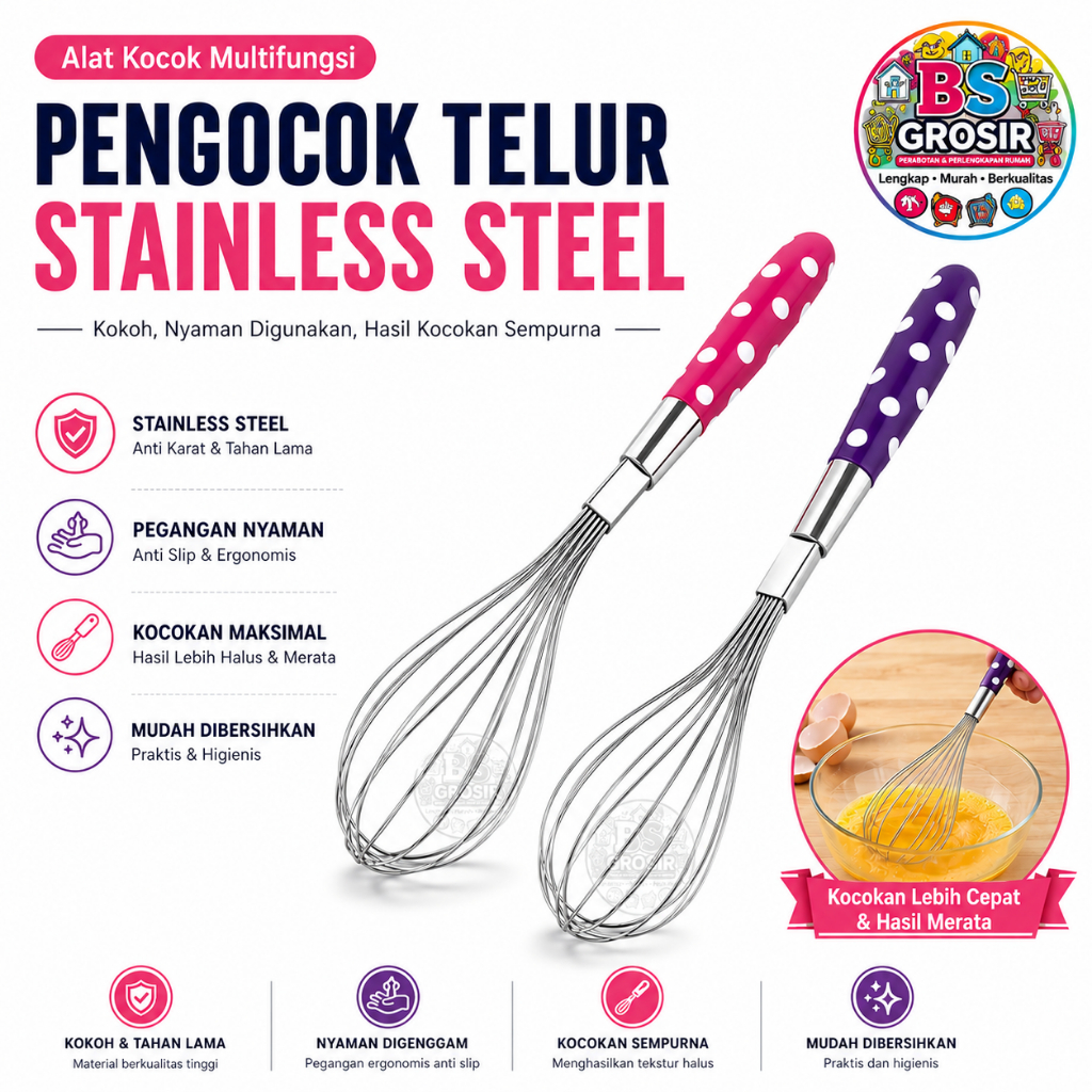 Pengocok Telur Manual/ Pengaduk Adonan Kue Stainless Polkadot