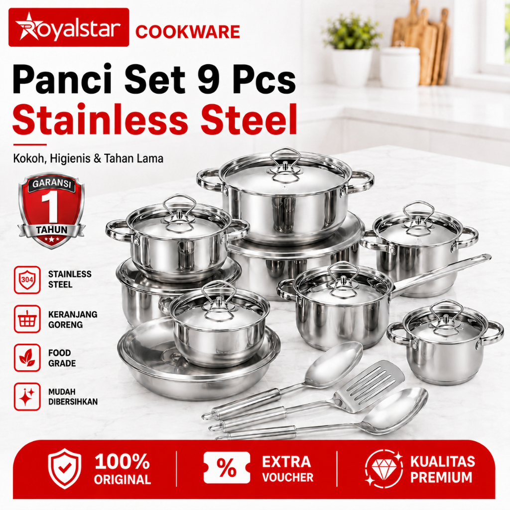 Set Panci Stainless Steel 9 Pcs Anti Karat Peralatan Dapur Lengkap