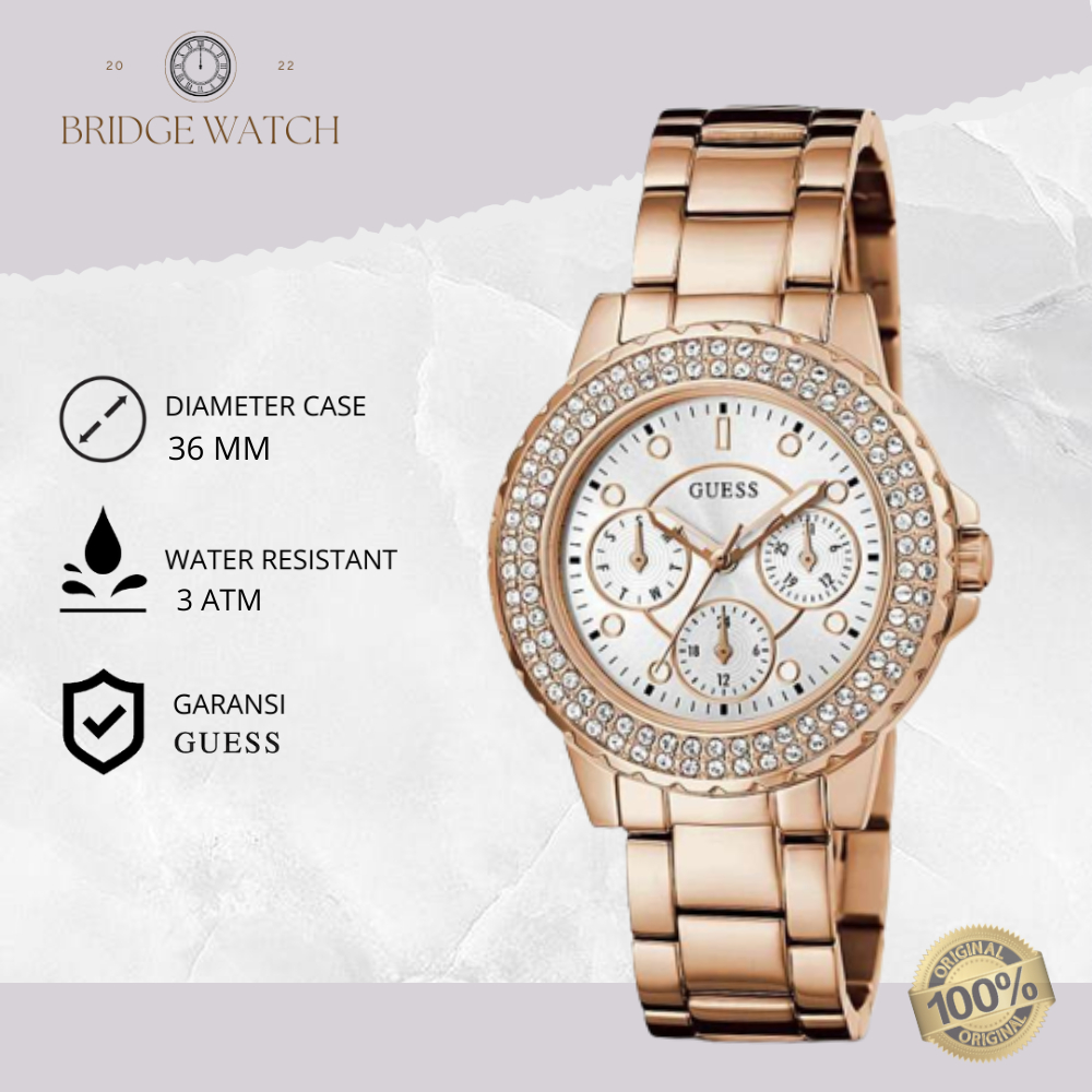 Jam Tangan Wanita Guess GW0410L3 Chronograph Stainless Steel Rose Gold Mewah Original