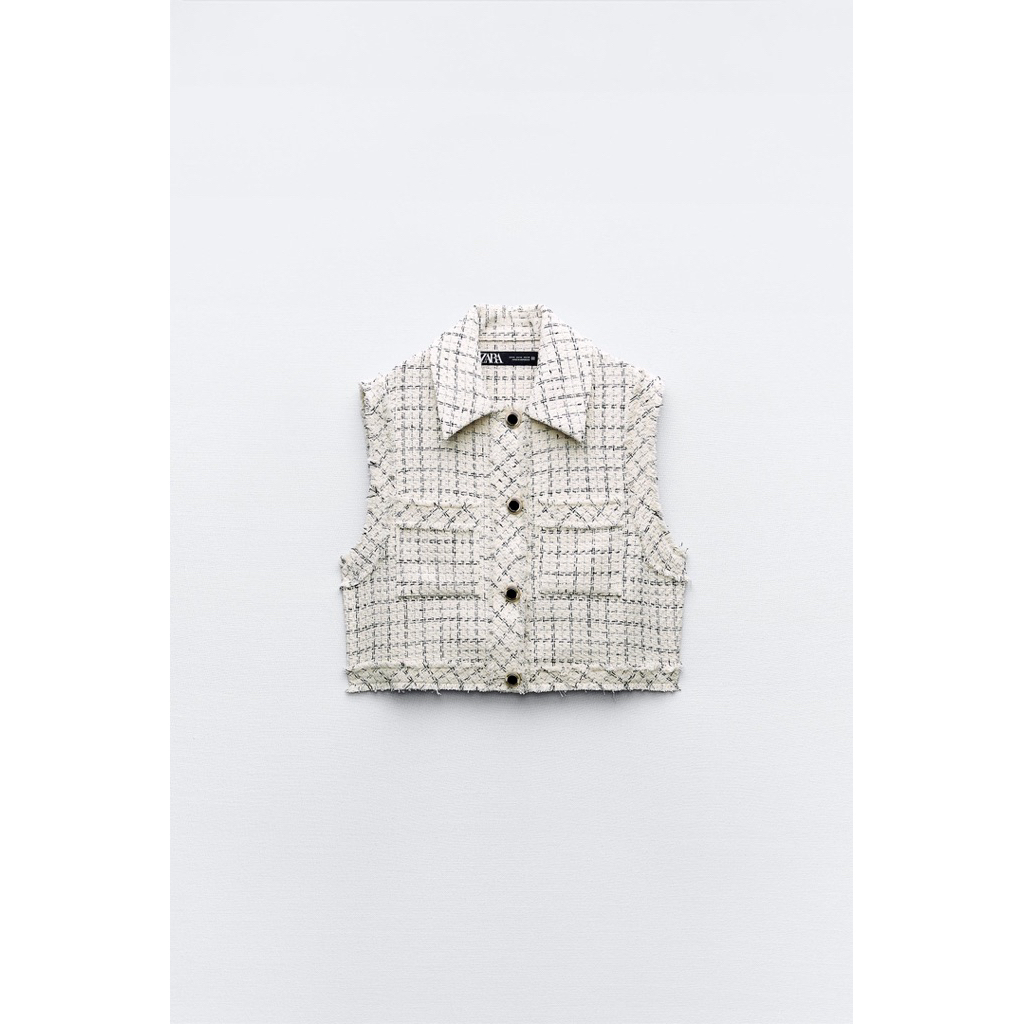PRELOVED Zara Beige Tweed Buttons Sleeveless Vest Blouse Mewah Tebal Fashion Wanita